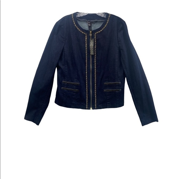 Victoria’s Secret SZ L Jean Cropped Jacket Gold Chain Blue Stretch Coat NWT Read - Picture 1 of 9